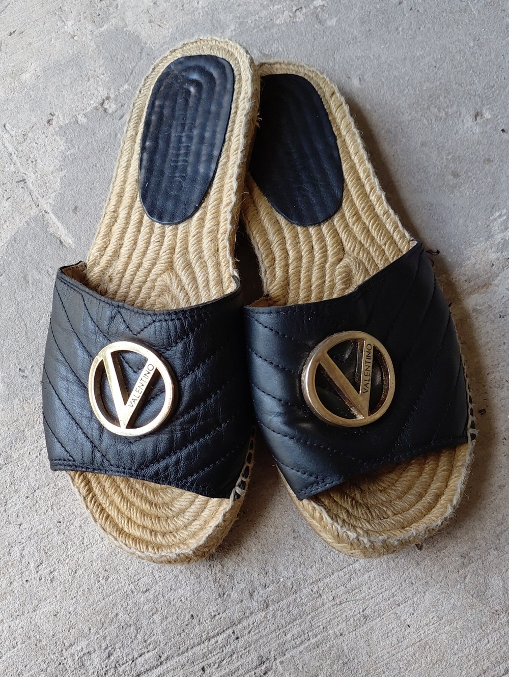 Valentino Black Quilted Leather Slide Mules with Gold Logo Medallions